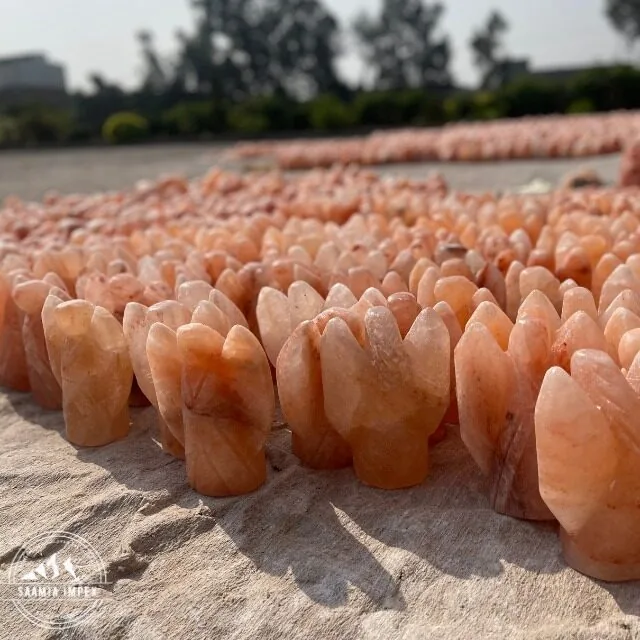 Carved Himalayan salt lamps drying